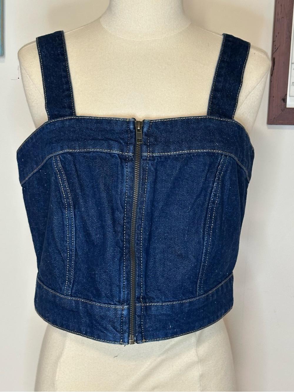 Harper Heritage Dark Blue Denim Cropped Sleeveless Bra Top with Front Zip